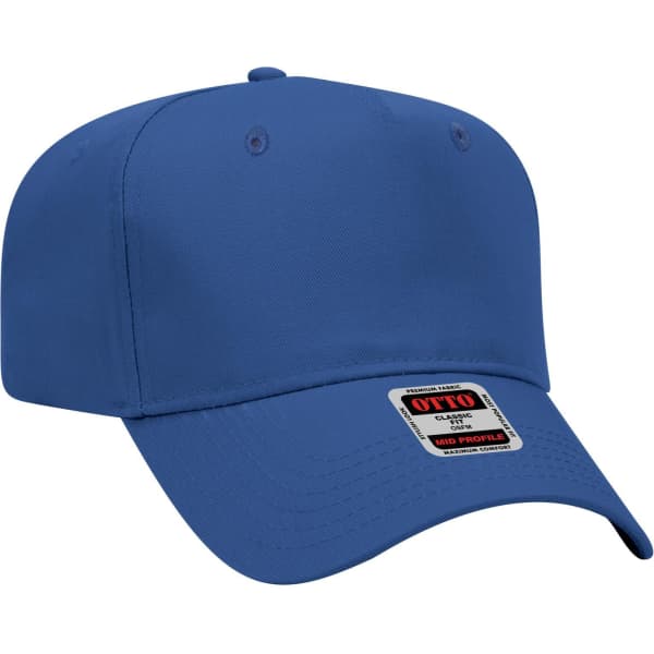 A blue 5 panel mid crown baseball cap with a brand label attached. The cap has a structured design and a flat brim.