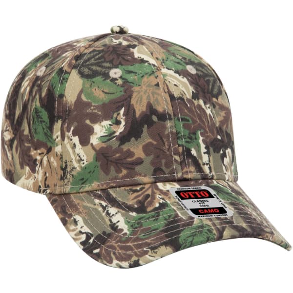 A camouflage-patterned six-panel low-profile baseball cap featuring earthy green and brown tones. Includes a logo.