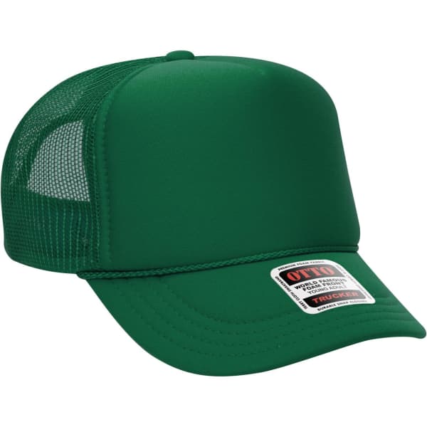 A green 5 Panel High Crown Trucker Cap featuring mesh side panels and a branded label on the front.