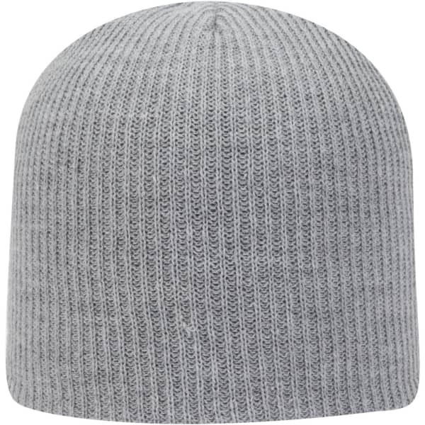 A grey premium rib knit beanie featuring a snug fit and a simple design, with a logo on the side.