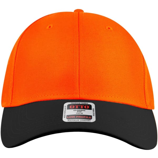 An orange and black 6 panel low profile baseball cap with a logo on the front.