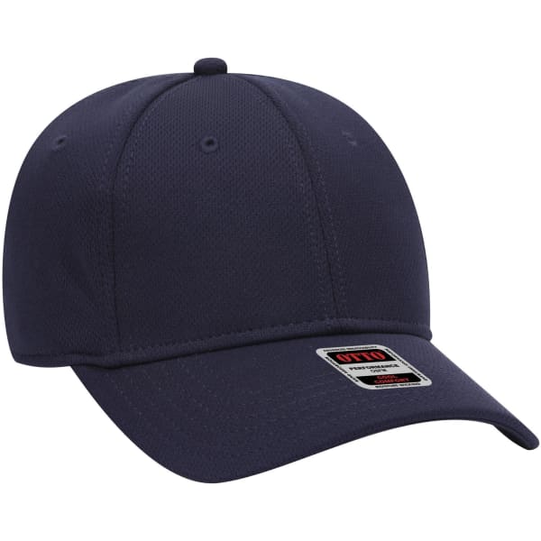 A navy blue 6 panel low profile baseball cap with a logo on the front.