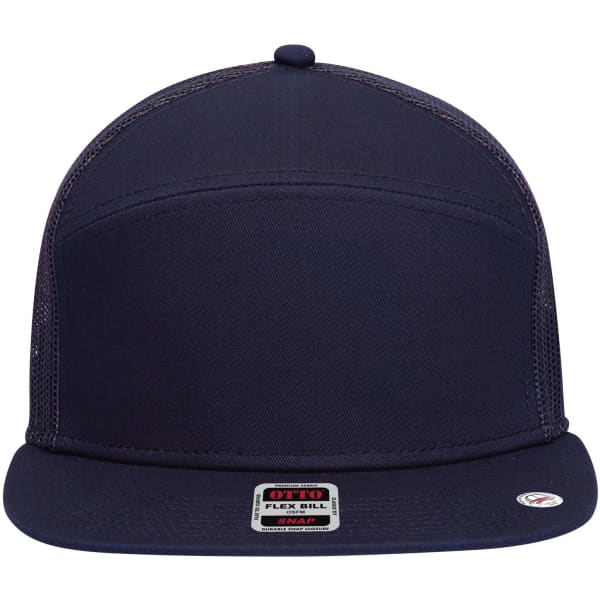 A navy 7 panel trucker cap featuring a flexible bill and mesh sides, with an unobtrusive logo on the front.