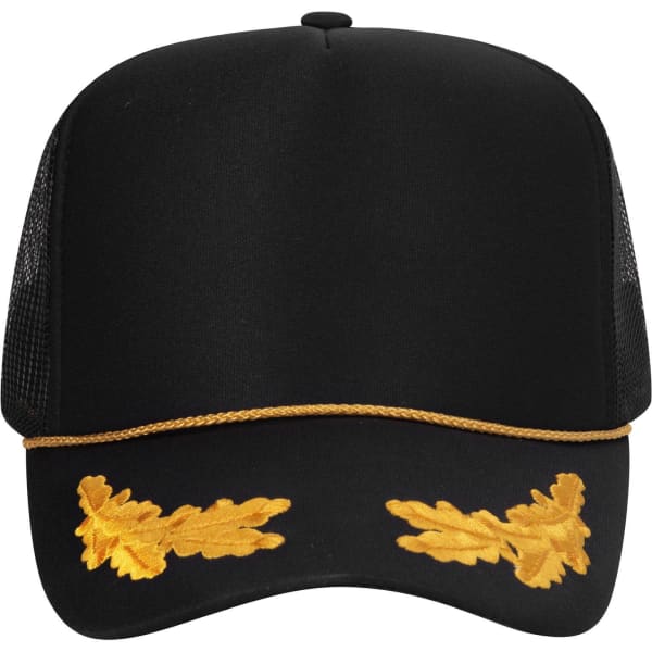 A black 5 panel high crown trucker cap with mesh sides and gold embroidered oak leaves. Features a decorative gold rope.
