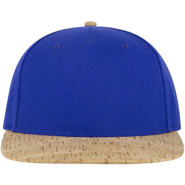 A cap featuring a blue crown and a cork brim, with a flat design and a logo on the front.
