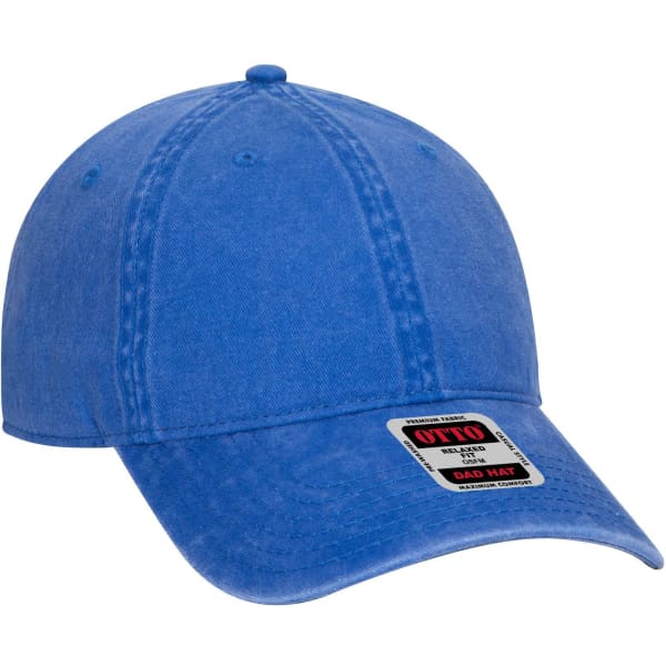 A blue 6-panel low-profile dad cap with a curved brim and a logo on the front.
