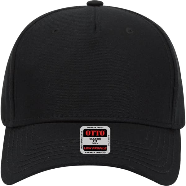 A black 5 panel low profile baseball cap with a logo on the front and a rectangular brand label.
