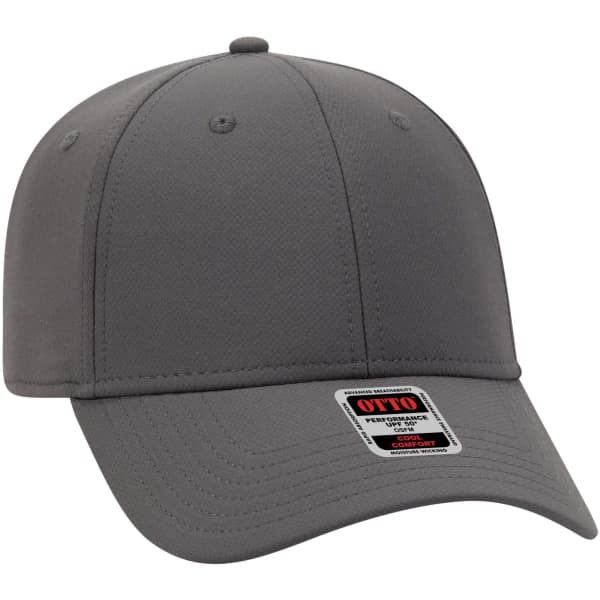 A grey UPF 50+ 6-panel low profile baseball cap with a branded label on the side.