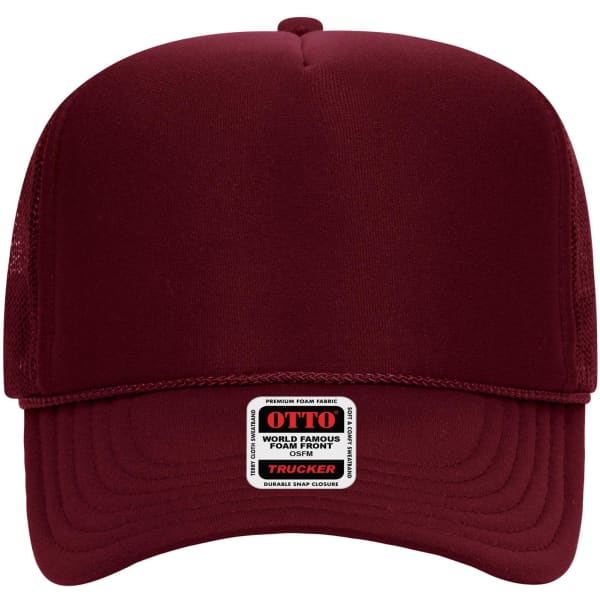 A burgundy 5 panel high crown trucker cap with a mesh back and a front branding label.