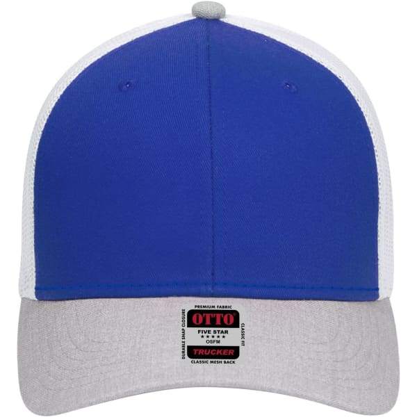 A blue and grey 6 panel low profile trucker cap with a mesh back and a logo label on the front.