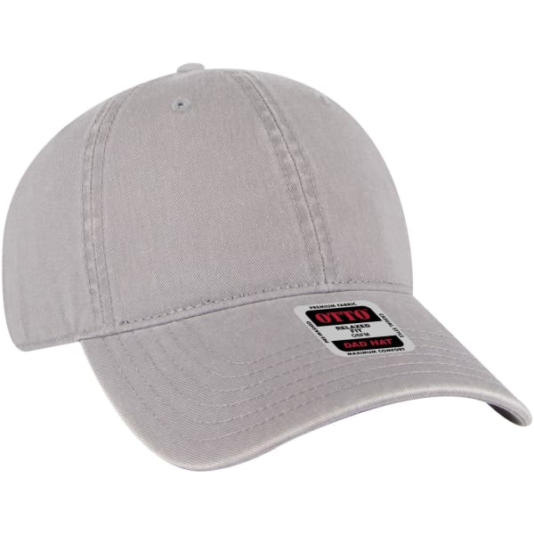 A grey 6 panel low profile dad cap with a curved brim and a logo on the front.