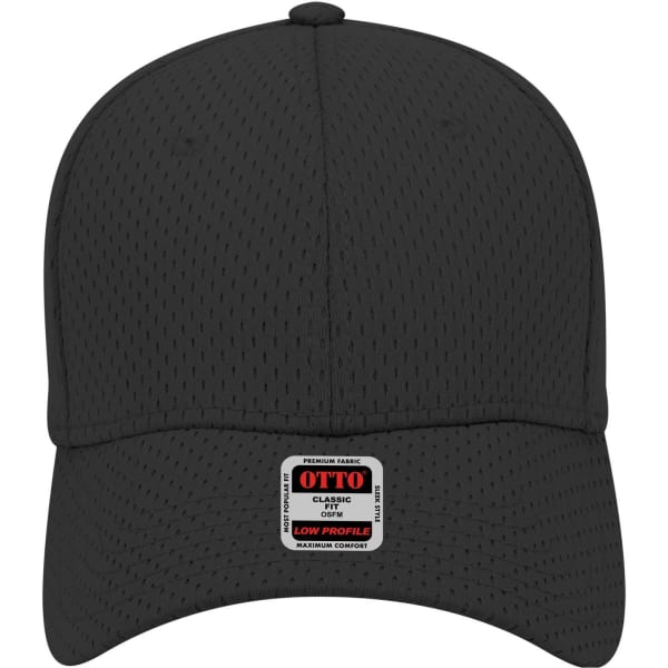 A black 6 panel low profile baseball cap with a logo on the front and breathable mesh fabric.