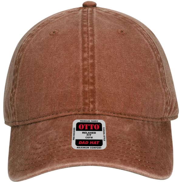 A brown, six-panel low profile dad cap featuring a logo on the front and a relaxed fit design.