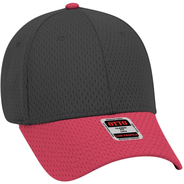 A low-profile baseball cap featuring a black mesh design and a pink brim. It includes a logo label.