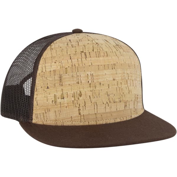 A brown and cork 5 Panel Pro Style Trucker Cap with mesh sides and a curved brim.