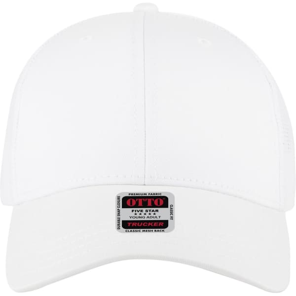 A white 6 panel low profile trucker cap with a logo patch on the front.