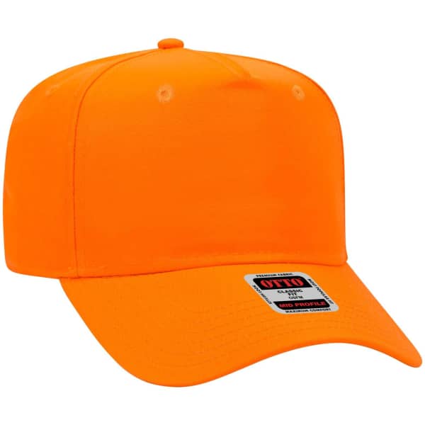 An orange 5 panel mid crown baseball cap with a structured design and a logo.