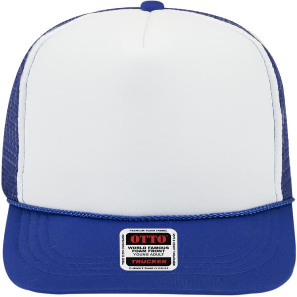A blue and white 5-panel high crown trucker cap featuring a mesh back and a logo label on the front.