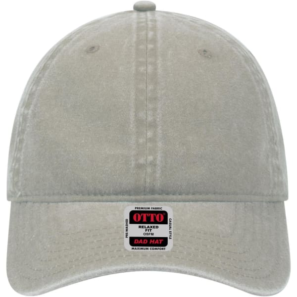 A grey, 6 panel low profile dad cap with a logo label on the front.