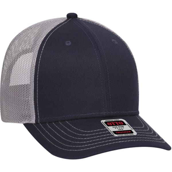 A navy blue 6 panel low profile trucker cap with a mesh back and an attached logo.