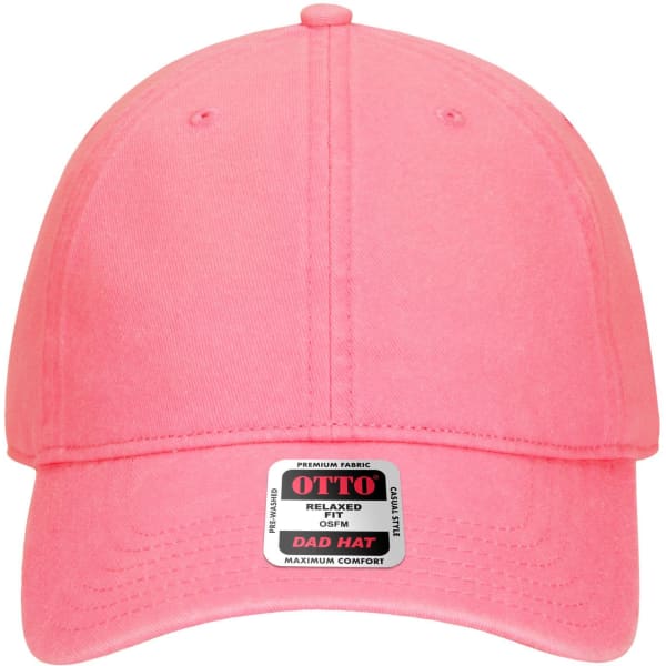 A pink 6 panel low profile dad cap featuring a logo on the front and a relaxed fit for comfort.