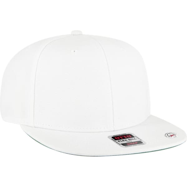 A white 6 panel mid-profile snapback cap with a green undervisor, featuring a logo on the side.