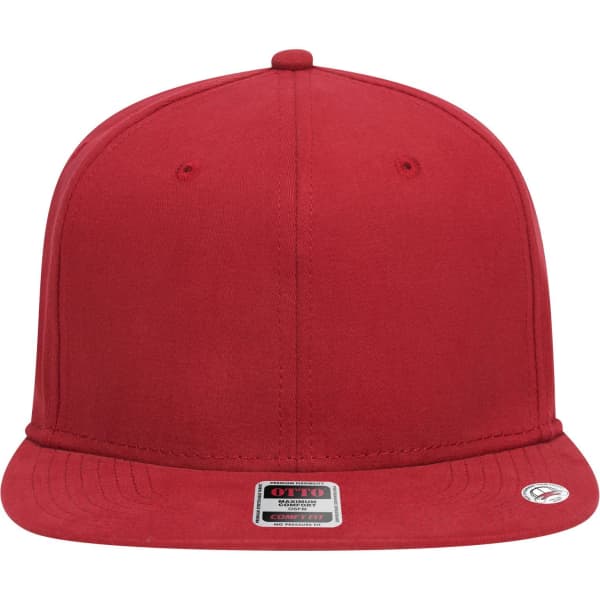 A red 6 panel mid profile snapback cap with a flat brim and a logo on the side.