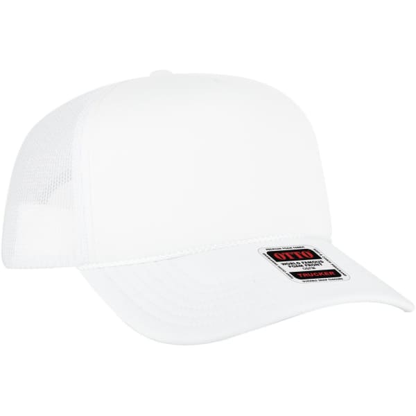 A white 5 panel high crown trucker cap with a mesh back and a logo patch on the front.