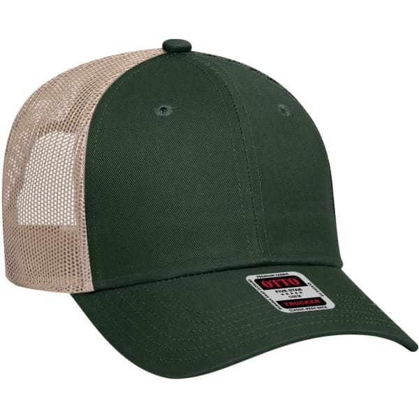 A green 6-panel low profile trucker cap with a beige mesh back and a branding label on the front.