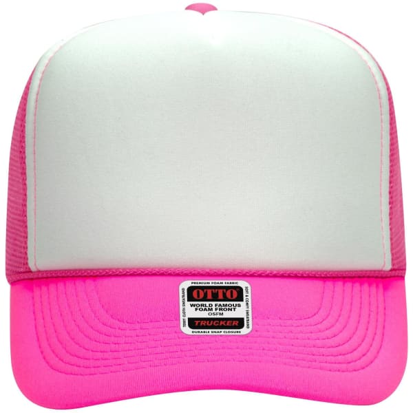 A pink and white 5 Panel High Crown Trucker Cap with a logo on the front.