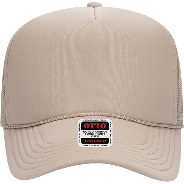 A beige 5 panel mid profile trucker cap with a curved brim and a logo label on the front.