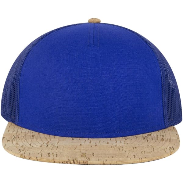 A blue trucker cap featuring a cork peak and mesh sides, with a wooden button on top.