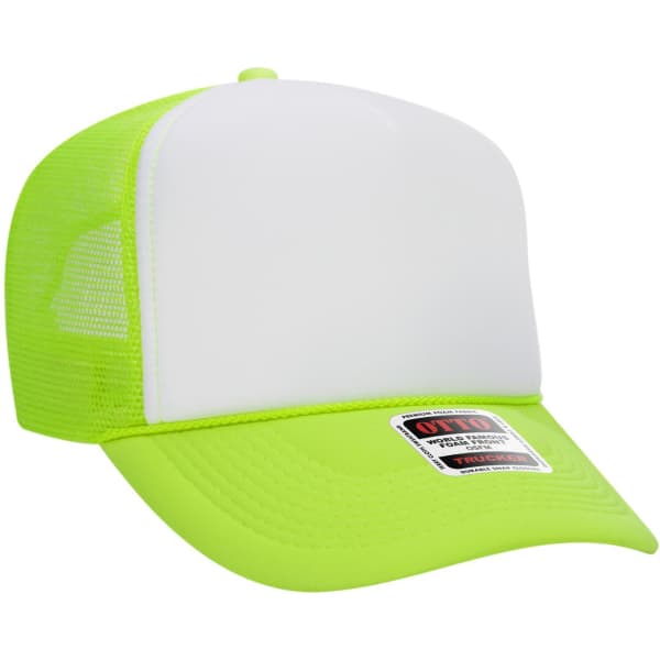A bright green 5 Panel High Crown Trucker Cap with a white front panel and a mesh back. It features a logo.