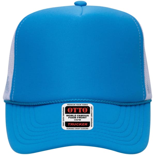 A vibrant blue 5 Panel High Crown Trucker Cap with a foam front and a mesh back, featuring a logo label.