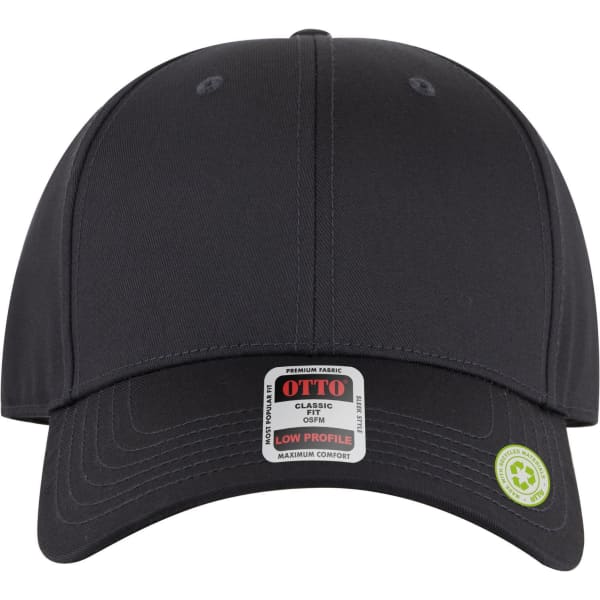 A black 6 panel low profile style baseball cap with a branded label and a green circular logo.