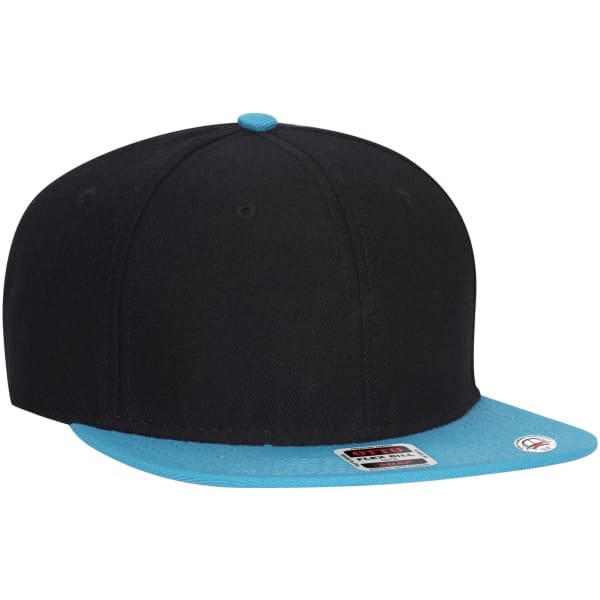 A six-panel mid-profile snapback cap in black with a blue undervisor and a logo on the side.