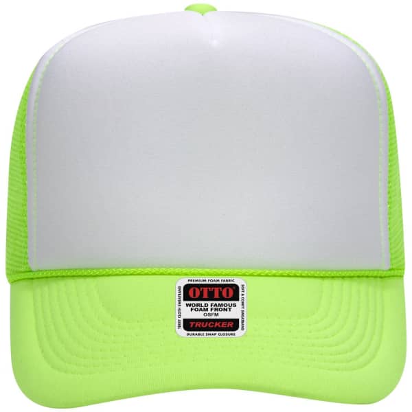 A high crown trucker cap in bright neon yellow with a white front panel and a logo at the base.