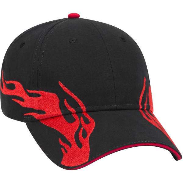 A black low profile baseball cap featuring red flame designs and a red accent on the brim. It has a logo.