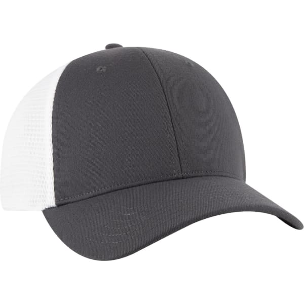 A grey and white Flex Fit 6 Panel Low Profile Trucker Cap with a logo on the front.