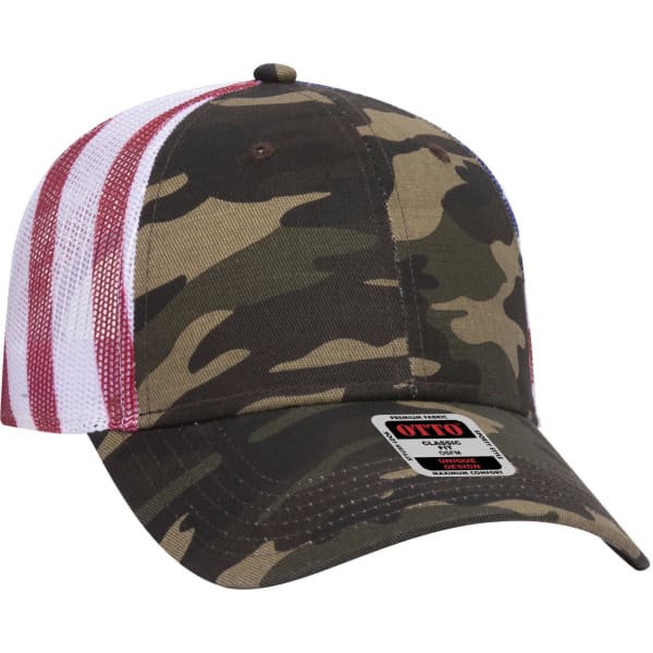 A camo-patterned low-profile trucker cap with a mesh back in red and white stripes. It features a logo on the front.