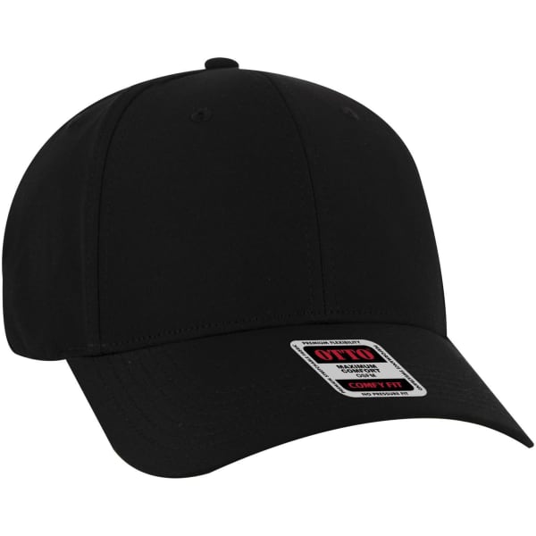 A black low-profile baseball cap featuring a six-panel design and a branded tag.