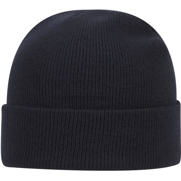 A classic knit beanie in navy blue, featuring a ribbed texture and a fold-up cuff. It has a logo on it.