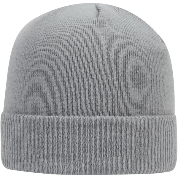 A grey knit beanie featuring a ribbed cuff and a logo on one side.