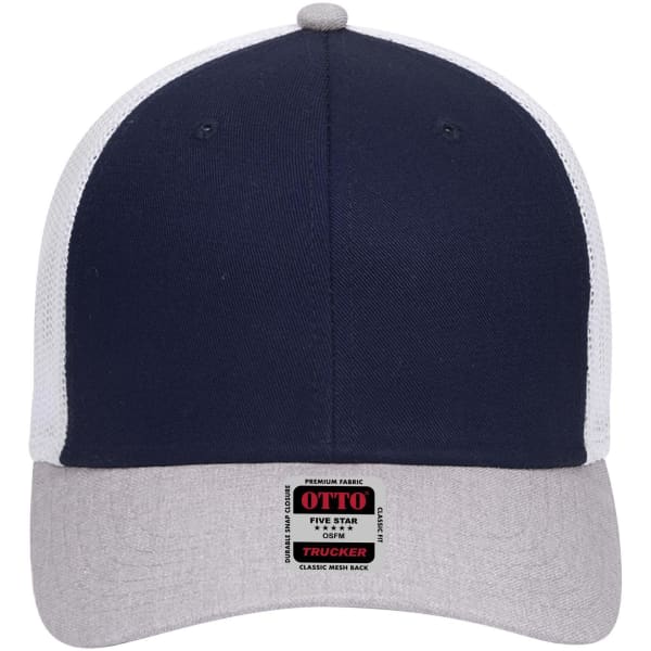 A navy and grey 6 Panel Low Profile Trucker Cap with a mesh back and a branded patch on the front.