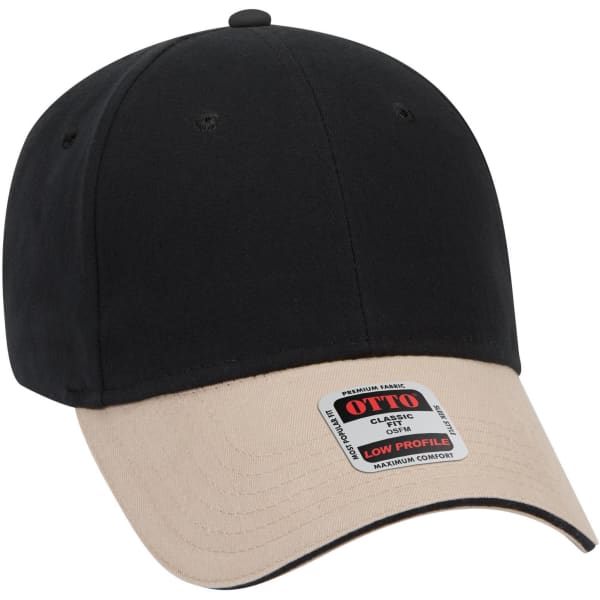 A low profile baseball cap featuring a black upper and a beige brim, with a logo on the side.