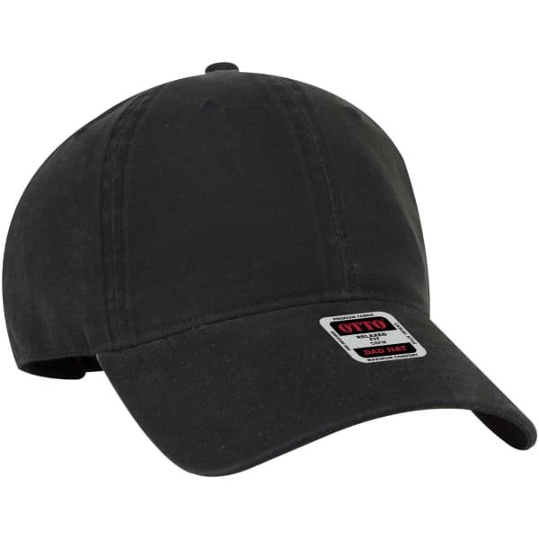 A black 6 panel low profile dad cap with a logo on the front. Designed for a casual look.