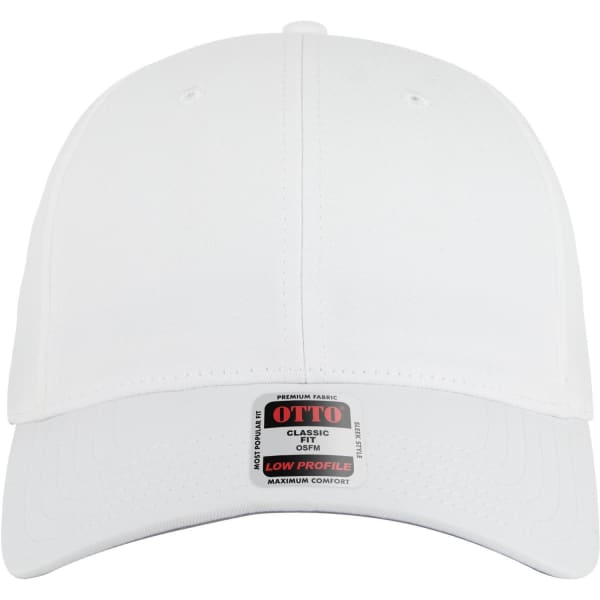 A white 6 panel low profile baseball cap with a branded label on the front.