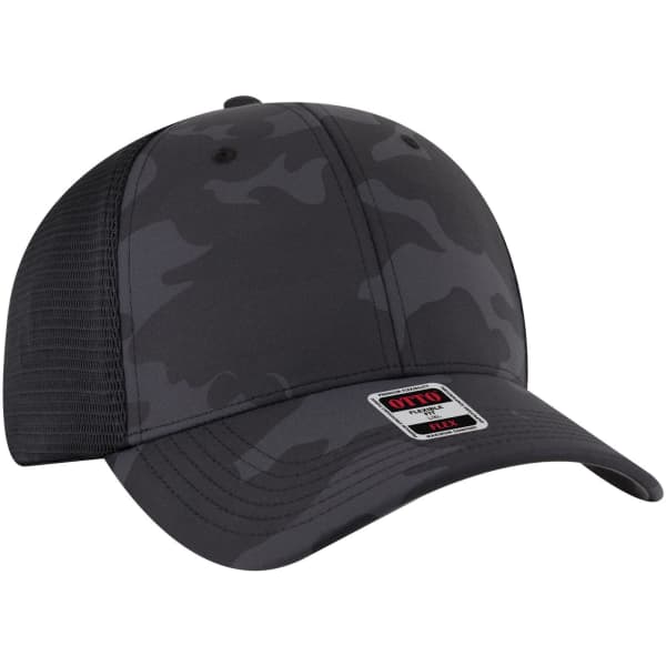 A grey camouflage low-profile trucker cap with a mesh back and a logo on the front.