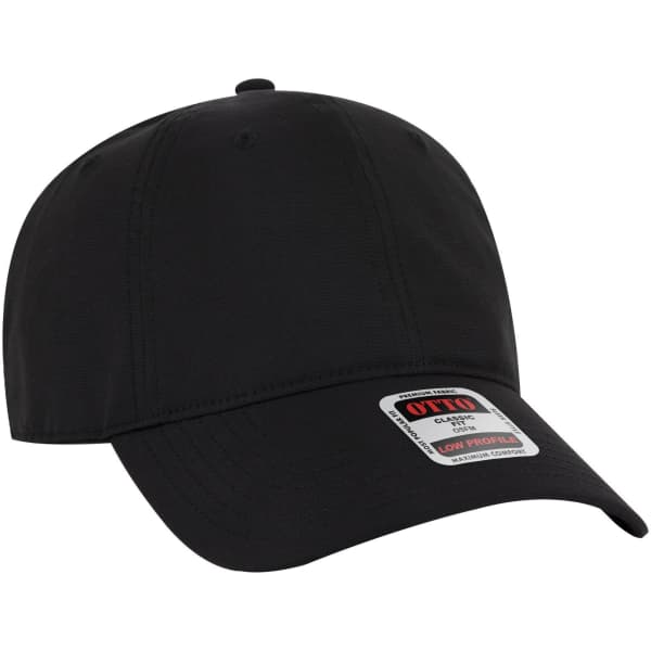 A black 6 panel low profile style baseball cap with a logo on the front and a curved brim.