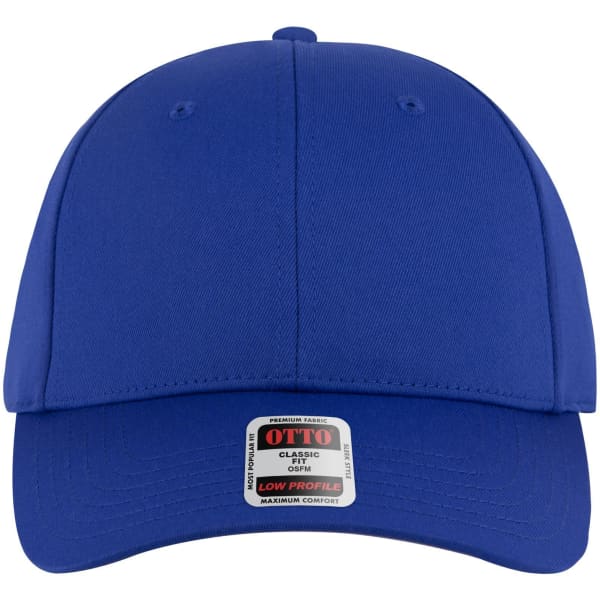 A blue 6-panel low profile baseball cap with a branded tag on the front.